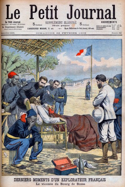Sista ögonblicken av en fransk upptäcktsresande Viscount Pierre Marie Robert Du Bourg de Bozas (1871-1903) i Bourg de Boza i tropiska Afrika "Le Petit Journal" 22 februari av French School