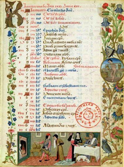 Lat 1173 f. 1 januari; figurer som äter och dricker, av Robinet Testard, från Charles Hours of Angouleme av French School