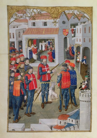 Lat 6067 fol.33v Riddarna av Johannes av Jerusalem förbereder sig på att försvara Rhodos, från A History of the Siege of Rhodes, av Guillaume Caoursin, 1483 av French School