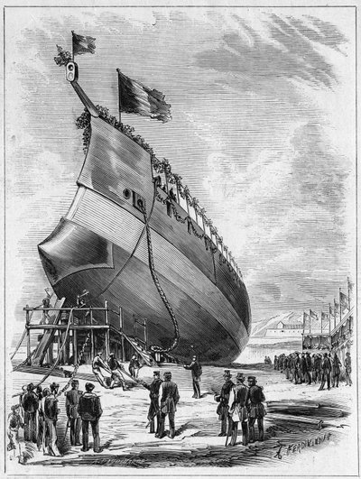 Lansering av pansarskeppet "" La Galissonniere"", 7 maj 1872 i hamnen i Brest, Finistere (29). Gravyr i "" Le Monde Illustré"" nr 789 av 25 maj 1872. av French School