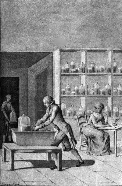 Lavoisier i sitt laboratorium vid Arsenalen, visar ett experiment på andning, 1700-talet av French School