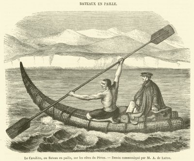 Cavallito, eller halmbåt, vid Perus kuster (gravyr) av French School