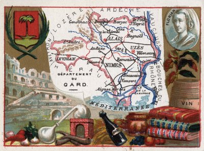 Le Gard (30), Languedoc-Roussillon (Languedoc Roussillon), Frankrike - Lokal specialitet: eau de vie (destillationsapparat) och vin - Porträtt av Jean-Pierre-Claris (Jean Pierre Claris) de Florian (1755-1794) - Serie på de franska departementen - Chromoli av French School