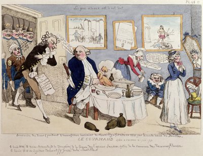 Le Gourmand, karikatyr av Ludvig XVI (1754-93) och den franska kungafamiljen vid ögonblicket av deras arrestering i Varennes den 21 juni 1791 av French School
