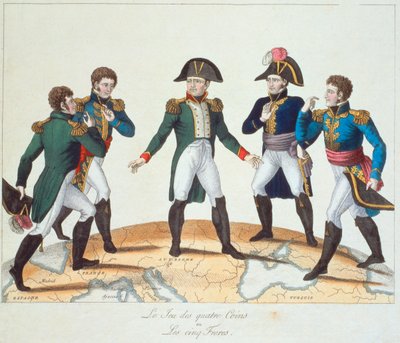 The Game of Four Coins eller The Five Brothers, bonapartistisk tecknad film föreställande Napoleon och hans bröder, 1808 av French School