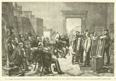 Den engelska juryn som väljer ut målningarna för världsutställningen 1878 i Paris (gravyr) av French School