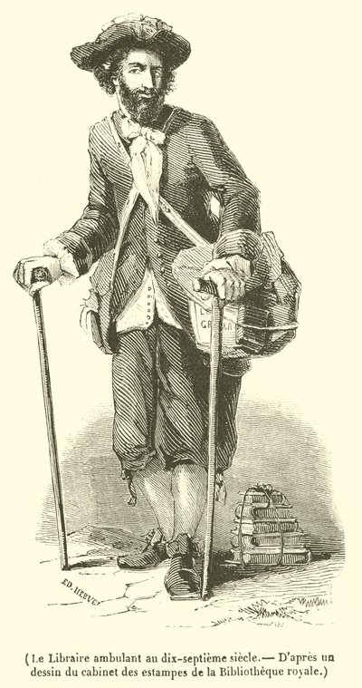 Den ambulerande bokhandlaren på 1600-talet (gravyr) av French School