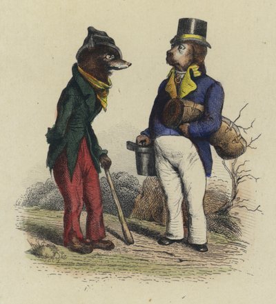 Vargen och hunden (färgad gravyr) av French School