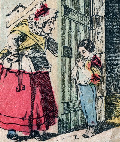 Le Pere Fouettard, fransk karaktär för den piskande fadern, legendarisk folklorefigur som straffar de stygga barnen: hans fru, La Mere Fouettard, den piskande mamman, som förlossar ångrade barn - Epinal bild av French School
