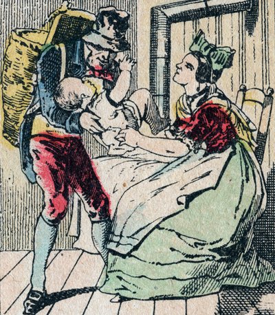 Le Pere Fouettard fransk karaktär för den piskande fadern, legendarisk folklorefigur som straffar de stygga barnen och omsluter de olydiga, Epinal bild 1800-talet (gravyr) av French School