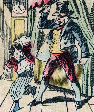Le Pere Fouettards legendariska folklorekaraktär, som straffar okloka barn med sin piska och omsluter olydiga barn, bild av Epinal av French School