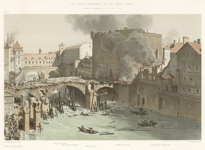 Petit-Chatelet och Petit-Pont, efter branden den 27 april 1718 av French School