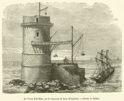 The Lighthouse of Ar-Men, på Chaussée de Sein, Finistere (gravyr) av French School
