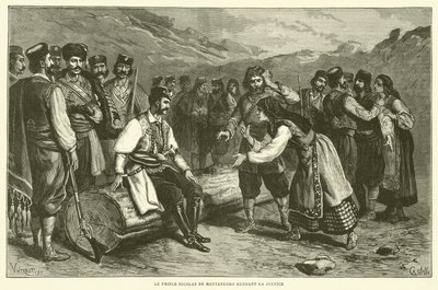 Prins Nicolas av Montenegro utdelar rättvisa (gravyr) av French School