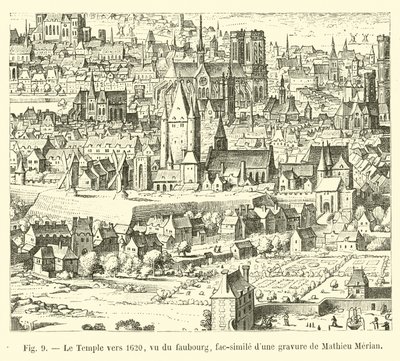 Templet omkring 1620, sett från faubourg, faksimil av en gravyr av Mathieu Merian av French School