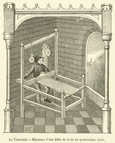 The Weaver, miniatyr från en bibel från slutet av 1300-talet (gravyr) av French School