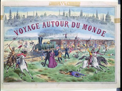 Le Voyage Autour du Monde, omslag till en låda för ett spel baserat på Around the World in 80 Days av Jules Verne (1828-1905) av French School