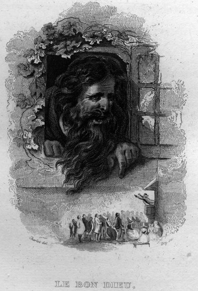 The Good God Chanson de Beranger i "" Oeuvres completes"" (1834) av Pierre Jean de Beranger (1780-1857), fransk poet och låtskrivare. av French School