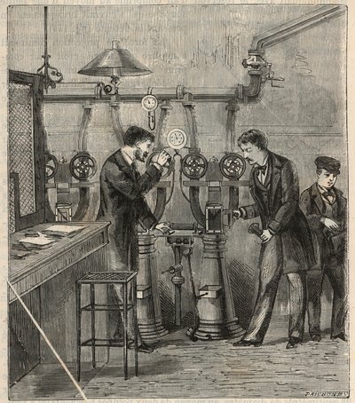 Det pneumatiska postkontoret i Paris - Pneumatisk post eller pneumatisk post i Paris - Gravyr i "" Sciences mise à la range de tous - physics et chimie populaires"" av Alexis Clerc - Slutet av 1800-talet - Privat samling av French School