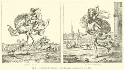 De oskyldigas kyrkogård 1640, faksimil av två gravyrer av La Bella av French School