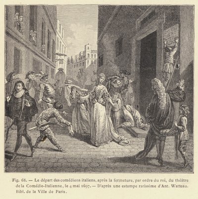 De italienska skådespelarnas avgång, efter stängningen, på kungens order, av Comedie-Italiennes teater, 4 maj 1697 (gravyr) av French School