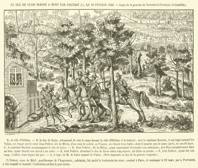 Hertigen av Guise dödligt sårad (gravyr) av French School
