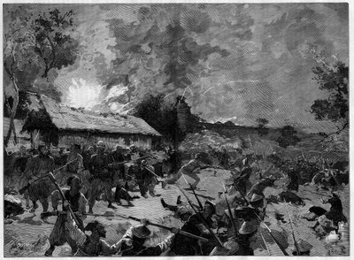 Bakhållet (guet-apens) i Hue, 4-5 juli 1885: attack av en tonkinesisk armé (Viet-Nam) mot general de Courcys franska trupper. Gravyr i ""The Illustrious World"" av French School