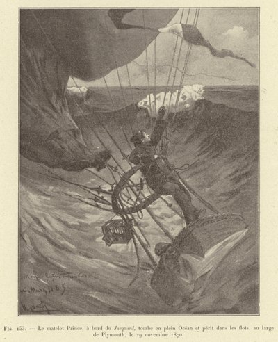 Sjömannen Prince, ombord på Jacquard, faller mitt i havet och omkommer i vågorna, utanför Plymouth, 29 november 1870 (gravyr) av French School