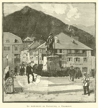 Monumentet av Saussure, i Chamonix (gravyr) av French School