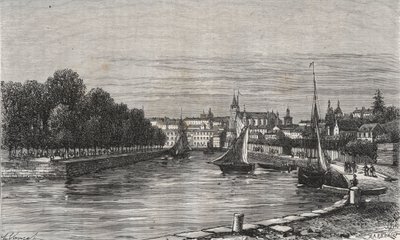 Le port de Vannes (Morbihan, Frankrike)// Hamnen i Vannes (Morbihan, Frankrike) - gravyr i "La France illustrée: geographie, histoire, administrationstatistique" av V.-A. Maltbrunt. 1884 av French School