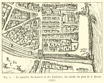 Louvren och Tuilerierna, faksimil av planen av J Braun, 1530 av French School