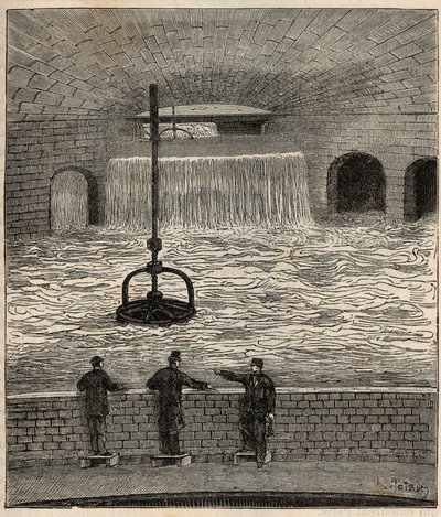 Le reservoir de Montsouris (reservoar de la Vanne), en av de fem huvudsakliga vattenreservoarerna i Paris - Gravyr i "" Vetenskapen förs till alla - fysik och kemi"" av Alexis Clerc - Slutet av 1800-talet - Privat samling av French School