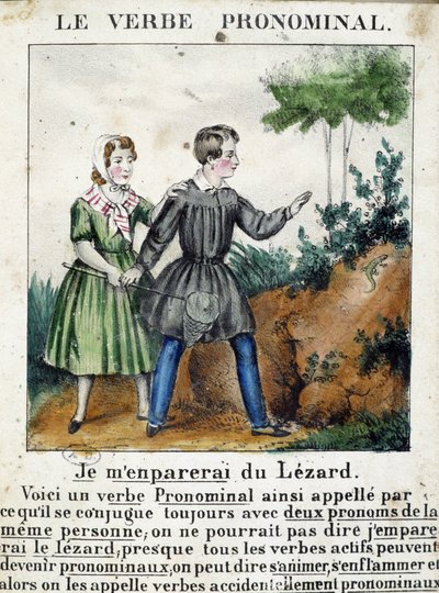 Lektion om pronominala verb. I ""La grammar en images"", broschyralbum, ca 1850. av French School