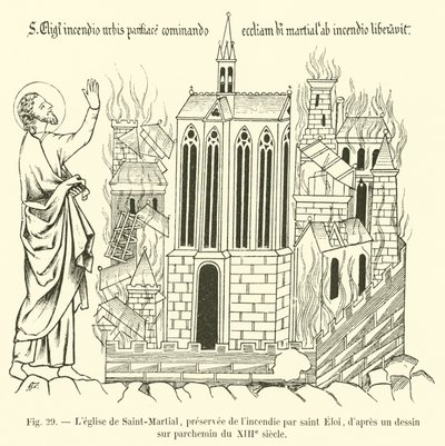 Kyrkan Saint-Martial, bevarad från elden av Saint Eloi, efter en teckning på pergament från 1200-talet av French School