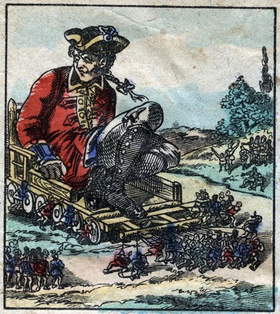 Lemuel Gulliver, en fånge transporteras på en vagn som dras av lilliputerna. Illustration för "" Gulliver