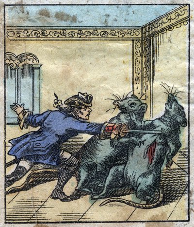 Lemuel Gulliver slåss mot råttor i Brobdingnags jättars land. Illustration för "" Gulliver