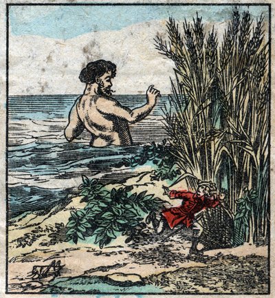 Lemuel Gulliver gömmer sig för en jätte i Brobdingnag. Illustration för "" Gulliver