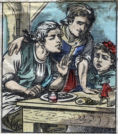 Lemuel Gulliver på familjen Glumdalclitchs bord, i Brobdingnags jättars land. Illustration för "" Gulliver