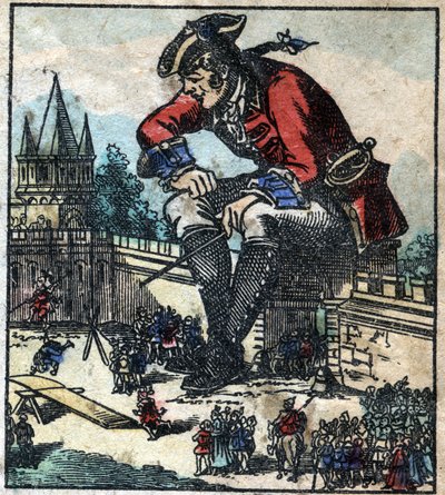Lemuel Gulliver som sitter på stadens befästningsmur förklarar strategin för Lilliputian-armén. Illustration för "" Gulliver