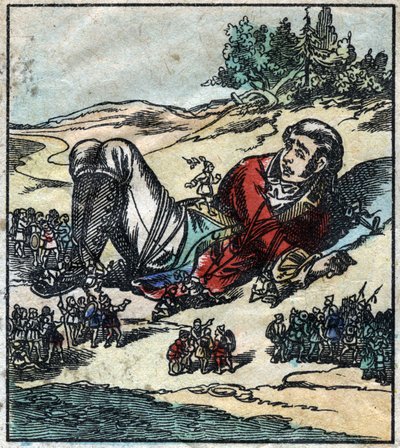 Lemuel Gulliver vaknade efter sitt skeppsbrott och togs till fånga av lilliputerna. Illustration för "" Gulliver