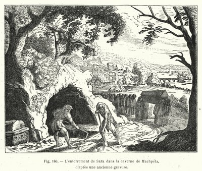 Begravningen av Sara i grottan i Machpela, från en gammal gravyr (gravyr) av French School