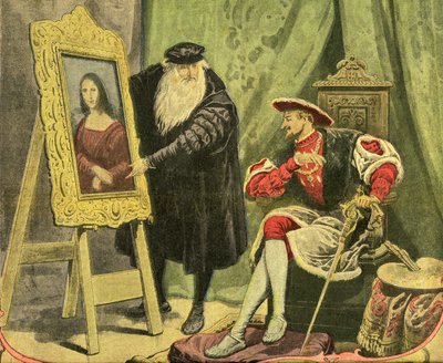 Leonard de Vinci överlämnar sin målning La Mona Lisa (Mona Lisa, Monna Lisa) till Francois 1er som köpte den för 4000 guldguld (15 kilo guld) år 1517. Gravyr på omslaget till den illustrerade bilagan till Petiure Journal nr 1206, 28/12/1913. av French School