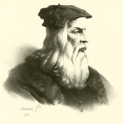 Leonardo Da Vinci, porträtt (gravyr) av French School