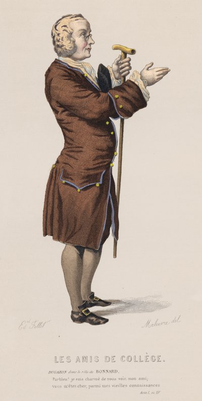 Les Amis De College, Akt I, Sc XV (färgad gravyr) av French School