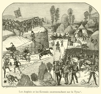 Engelsmännen och skottarna skärmytslingar på Tyne (gravyr) av French School