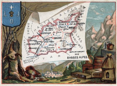 Les Basse Alpes (Basse-Alpes), Idag avdelning av Alpes-de-Haute-Provence (Alpes de Haute-Provence 04), Frankrike. Lokal specialitet: jakt, vax, honung, torkad frukt och olja. Serie om de franska departementen. Chromolithography (Chromo) "" den geografiska av French School