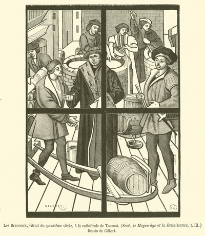 The Brewers, målat glasfönster från 1400-talet, i katedralen i Tournai (gravyr) av French School
