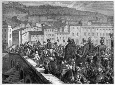 De hundra dagarna: Napoleons triumferande entré till Lyon den 10 mars 1815 - i "Imperiets historia efter konsulatets historia" av Adolphe Thiers - 1879 - privat samling av French School