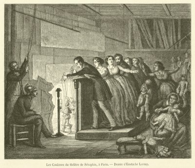 Bakom kulisserna på Seraphin-teatern, i Paris (gravyr) av French School