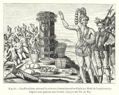 Floridianer som tillber minneskolonnen som restes av Rene de Laudonniere; efter en gravyr från Th de Brys stora resor (gravyr) av French School